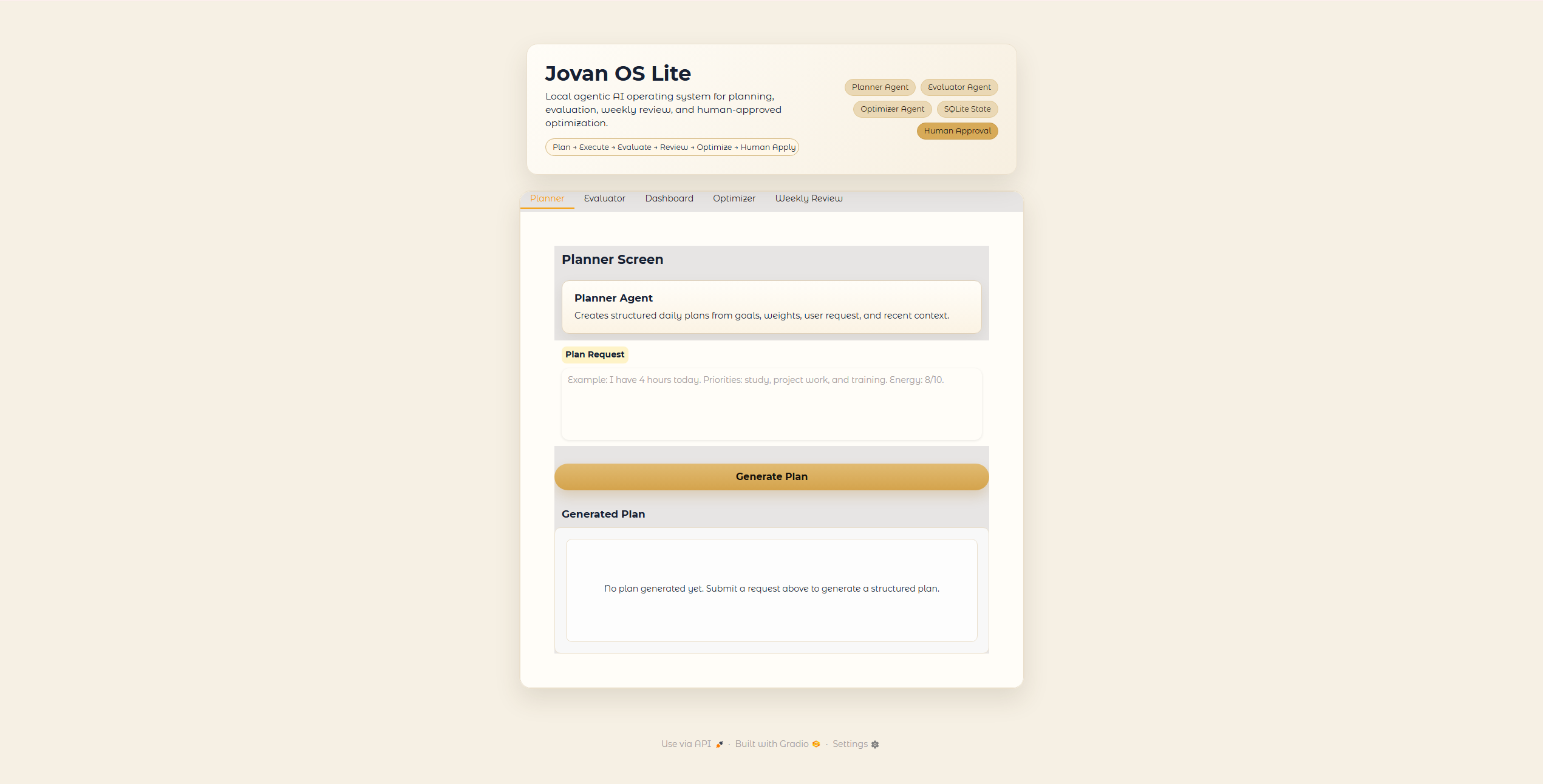Jovan OS Lite planner screen with goals and weekly actions.