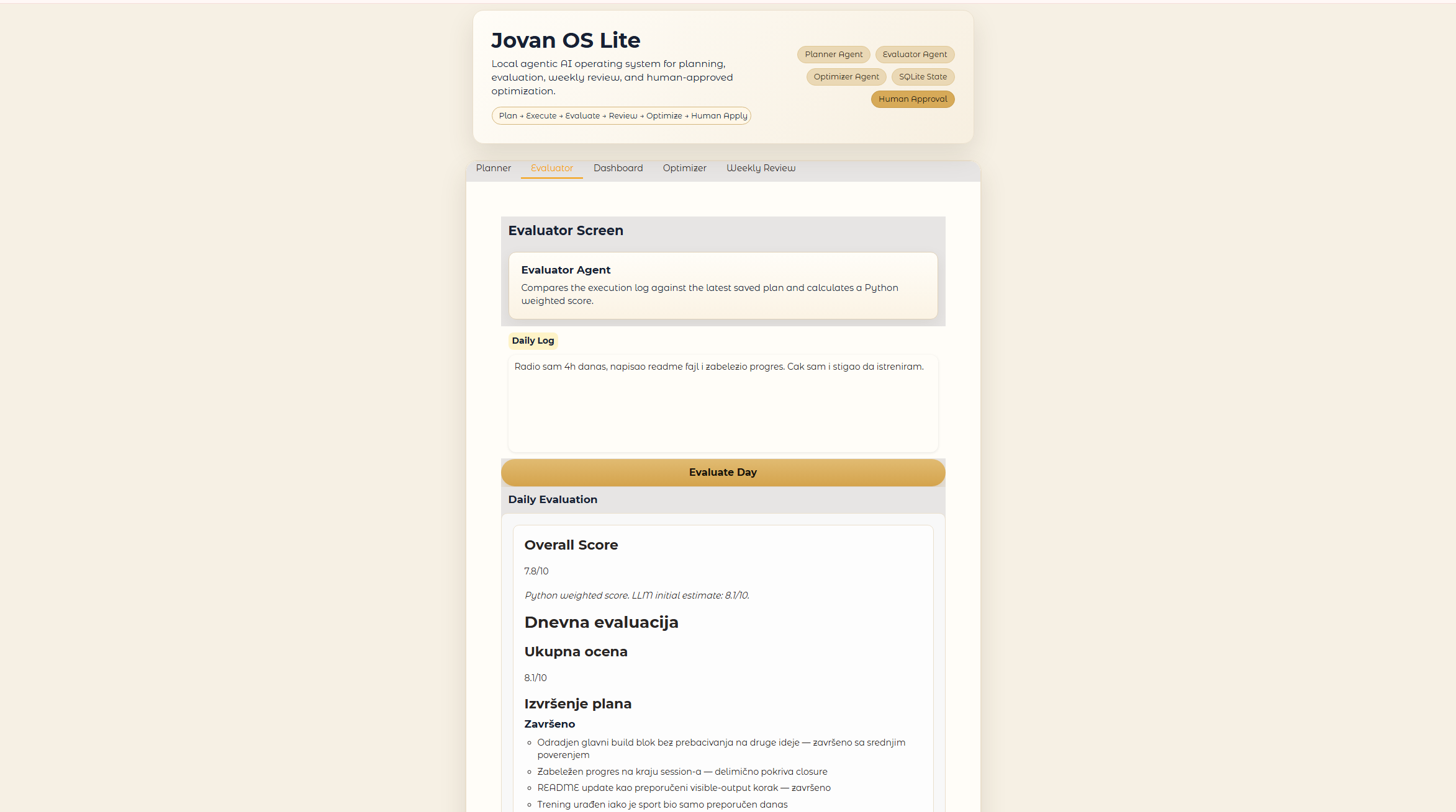 Jovan OS Lite evaluator loop screen with progress review.