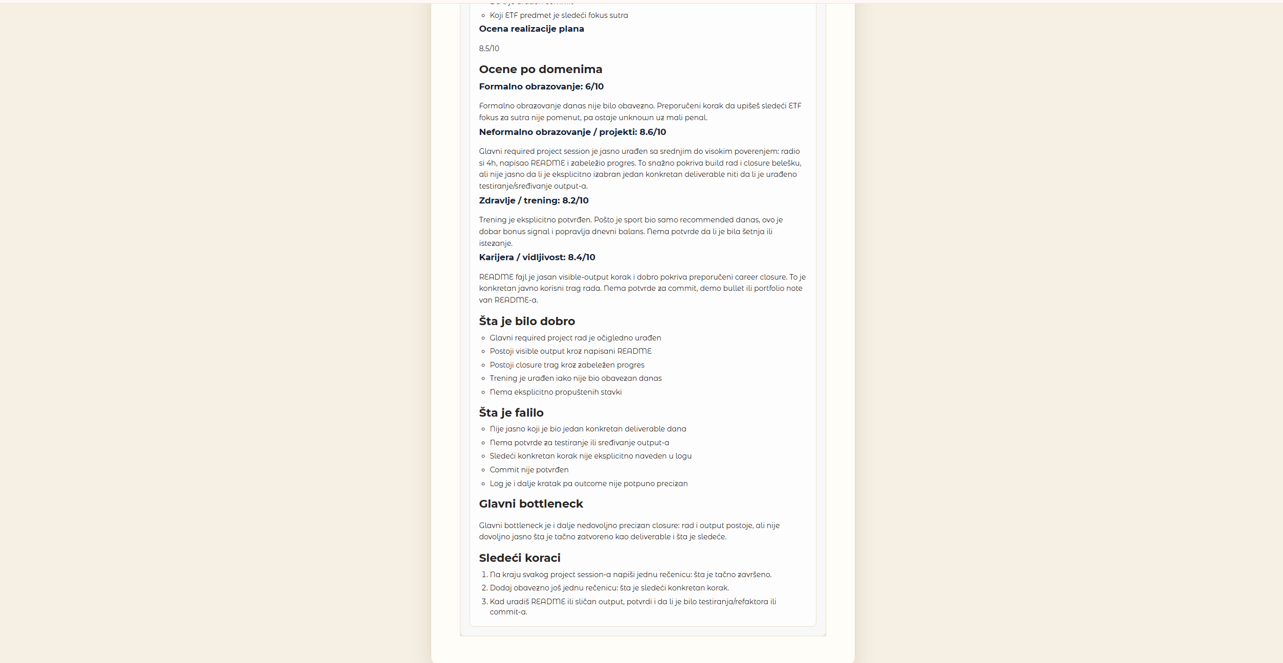 Jovan OS Lite weekly review screen with structured feedback.