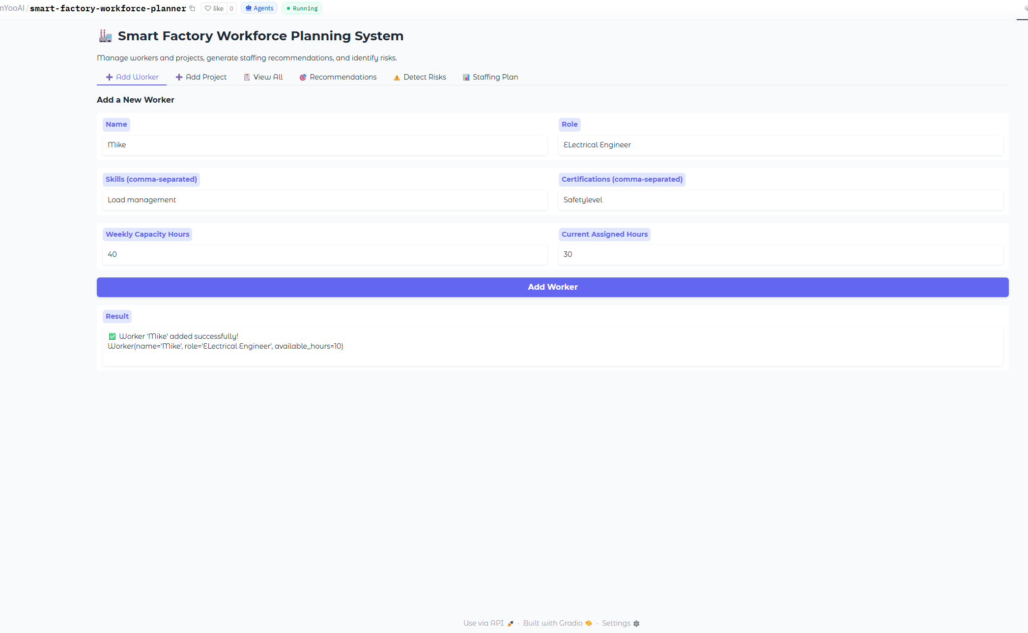 Smart Factory workforce allocation board with worker and project fit.