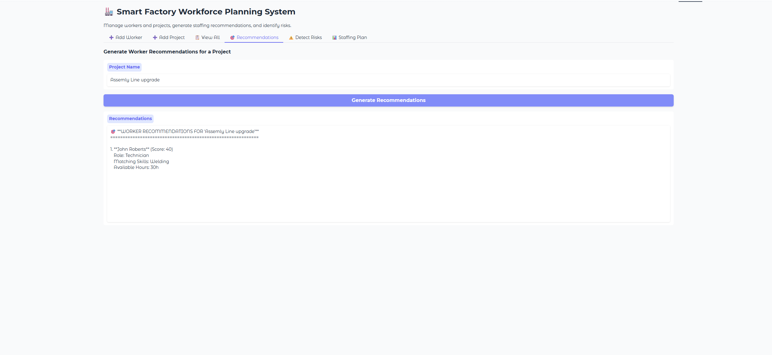 Smart Factory project staffing screen with worker assignments.